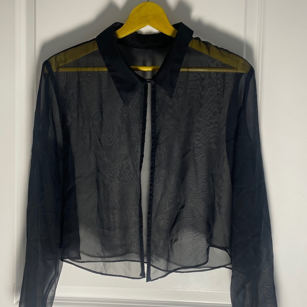 Sheer blouse / jacket — long sleeved — button closure — black — small